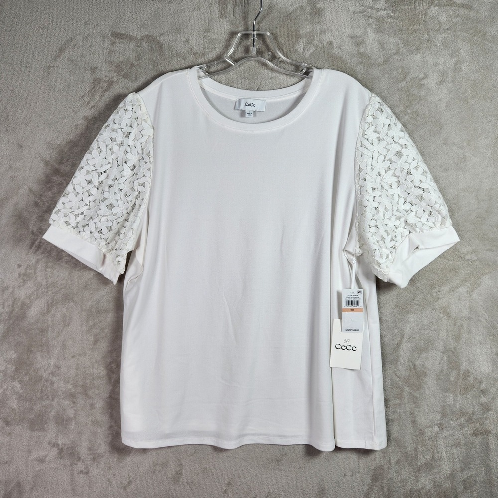 CeCe Coastal Sunrise Top Womens 2X New Ivory Lace Sleeve Crew Neck Dressy Office